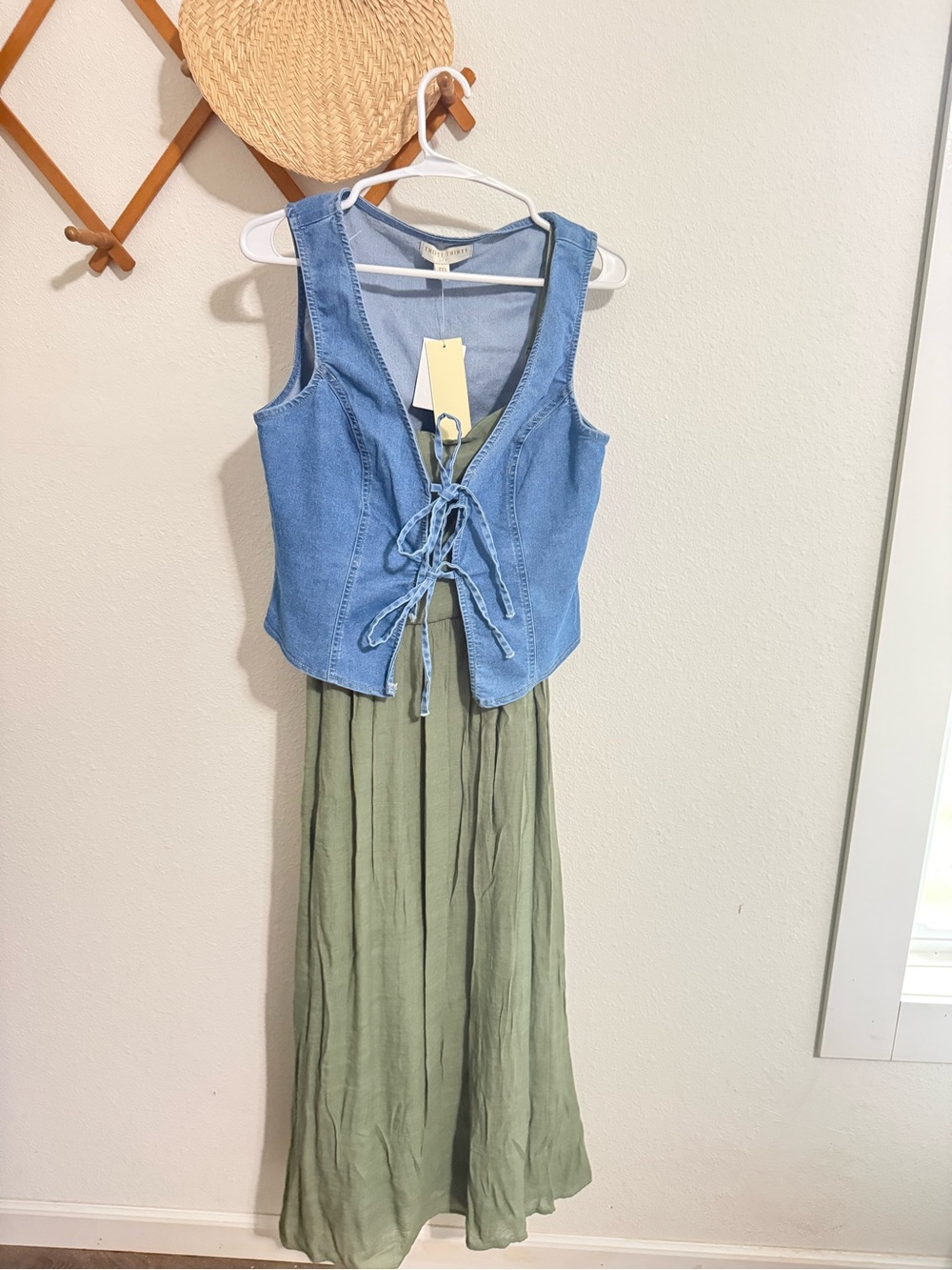 Denim Lace-Up Vest Over Olive Green Midi Dress